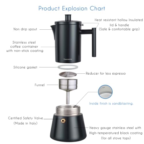Diego Stovetop Espresso Maker Stainless Steel Italian Coffee Machine Maker 4Cup 6.8 oz Induction Moka Pot