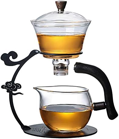 RORA Glass Teapot Set Semi Automatic Drip Rotating with Infuser Lazy Kungfu Tea pot Set (Black)