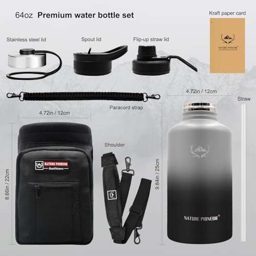 64 oz Insulated Water Bottle with Carrier Bag & 3 Lids