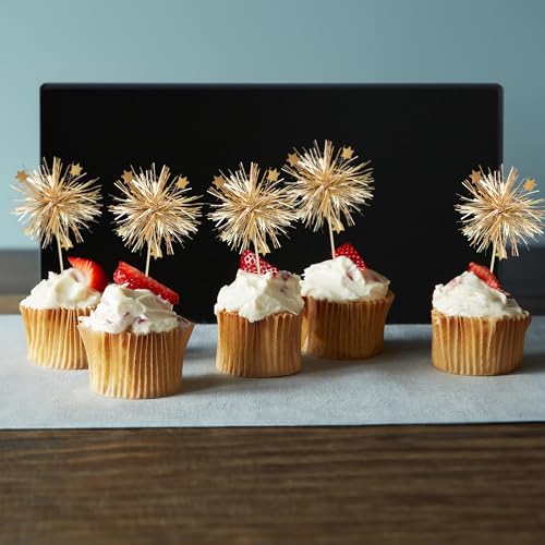 30Pcs Foil Firework Cupcake Toppers Happy Birthday Cake Toppers Sparkle Tinsel Flower Drink Stirrers Cocktail Food Fruit Toothpicks for Valentine's Day Party Supplies Gold (20 Count)