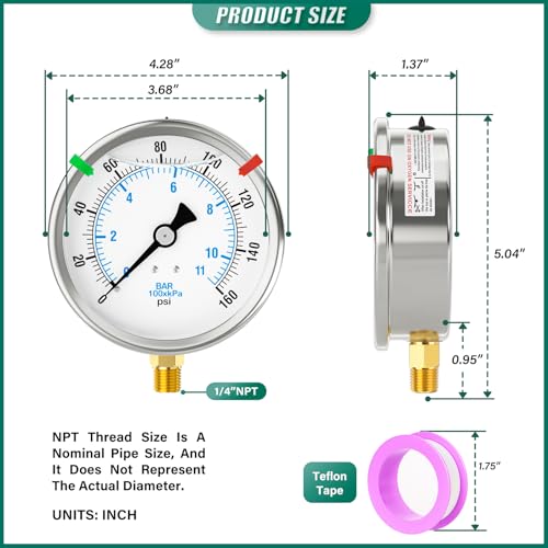 0 160PSI Stainless Steel Liquid Filled Pressure Gauge