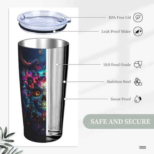 Skull Tumbler with Lid and Straw 20oz Coffee Tumblers Leakproof Stainless Steel Travel Mug Vacuum Insulated Cup for Iced and Hot (20 Count)