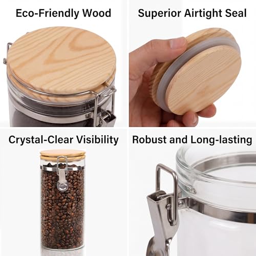 Glass Coffee Canister Set with Shelf & Spoon 2 Piece Coffee Containers for Coffee Bean Storage Airtight Seal