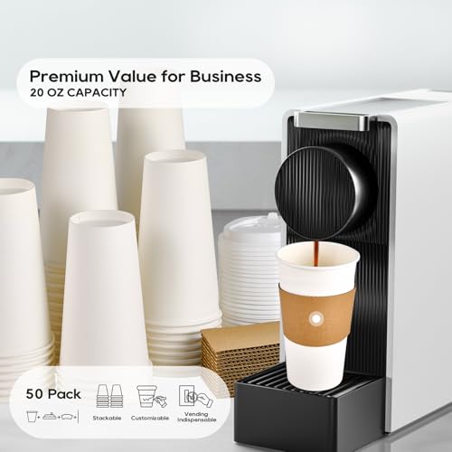 50 Pack 20 oz Disposable Paper Coffee Cups with Lids & Sleeves (50 Count)