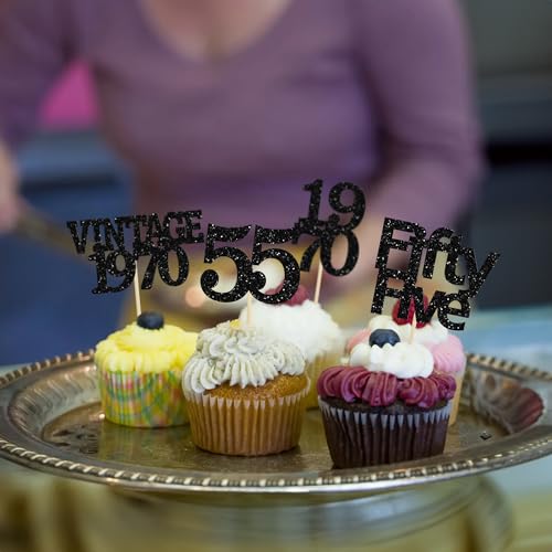 24Pcs Vintage 1970 Cupcake Toppers Glitter Cheers to 55 Fabulous Fifty Five Cupcake Picks 55th Birthday Wedding Anniversary Party Cake Decorations Supplies Black (24 Count)