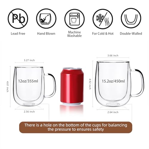 Large Double Wall Glass Coffee Mug 15.2oz (2 Count)