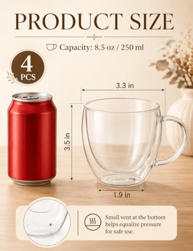 8.5oz Double Walled Glass Coffee Mugs with Handles (4 Count)