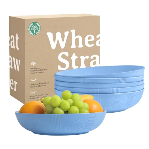 Wheat Straw Big Bowls Salad Bowl Set of 6 10 inch Serving Bowls 65 oz Large Plastic Plates Bowls Wide and Shallow Bowl for Kitchen Microwave & Dishwasher Safe