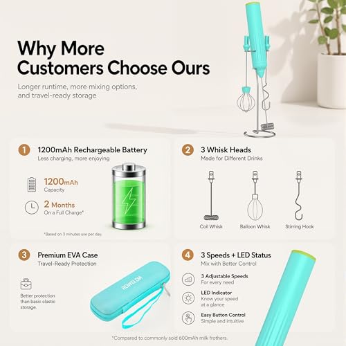 Milk Frother Handheld with 3 Stainless Steel Whisks