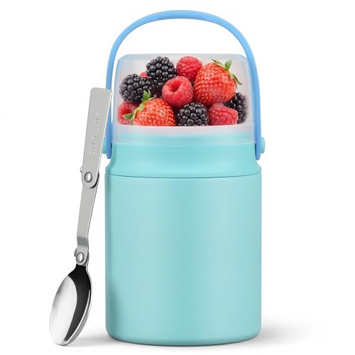 2-in-1 Thermos for Hot Food with Snack Box Container - 20oz Stainless Steel Insulated Food Container with Handle and Spoon, Leak Proof Bento Box Kids Adult for School Lunch Office, Blue