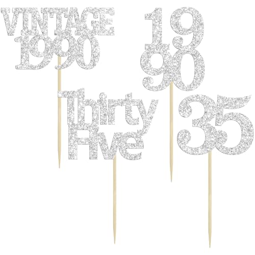 24Pcs Happy 35th Birthday Cupcake Toppers Glitter Thirty Five 35 Fabulous Vintage 1990 Cupcake Picks for 30th Birthday Wedding Anniversary Party Cake Decorations Supplies Rose Gold (24 Count)