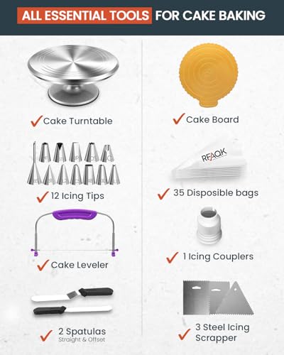 50PCs Cake Decorating Supplies Kit with 12" Aluminum Rotating Cake Turntable Stand