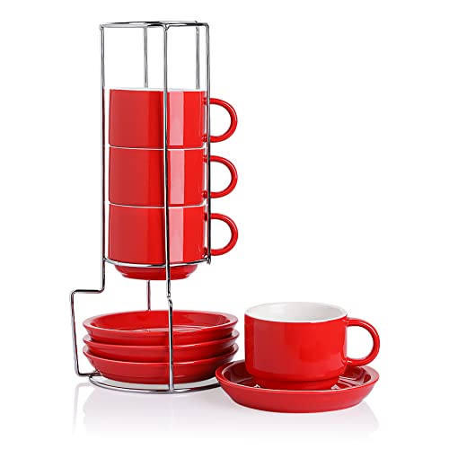 Sweejar Porcelain Cappuccino Cups with Saucers and Metal Stand (4 Count)