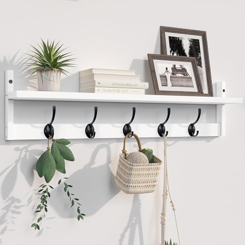 Wall Mounted Wood Shelf with 5 Dual Hooks for Bathroom
