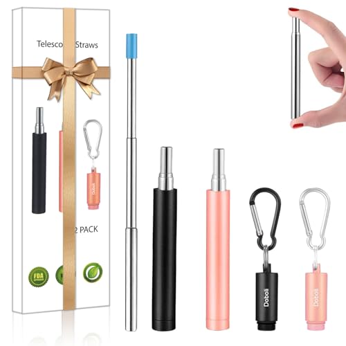 2 Pack Reusable Metal Straws Collapsible Stainless Steel Drinking Straw Travel Portable Telescopic Straw with Case for Cruise Ship Essentials Black