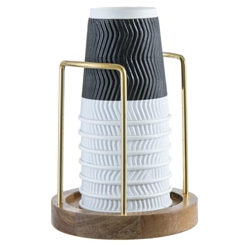 Premium Acacia Solid Wood and Brass Tone Metal Wire Countertop Plastic Cup Holder
