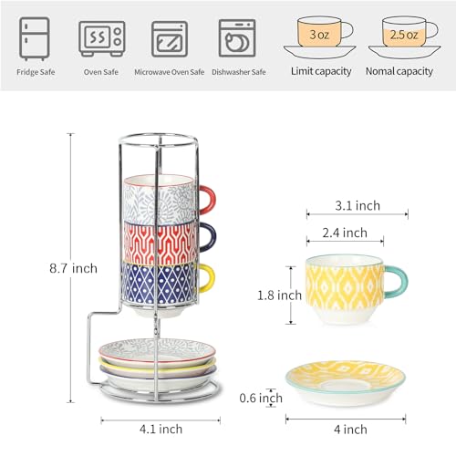 Ceramic Espresso Cups with Saucers and Metal Stand (7 Count)