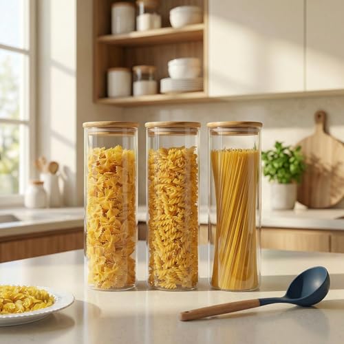 79oz Tall Glass Pasta Storage Containers with Airtight Bamboo Lids (3 Count)