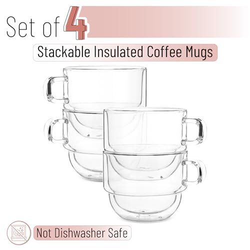BTaT Double Walled Stackable Glass Coffee Mugs (4 Count)