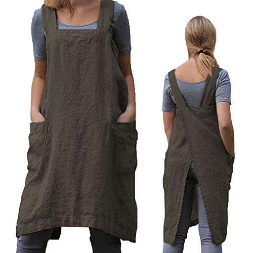 Pinafore Cross Back Apron for Women with Pockets