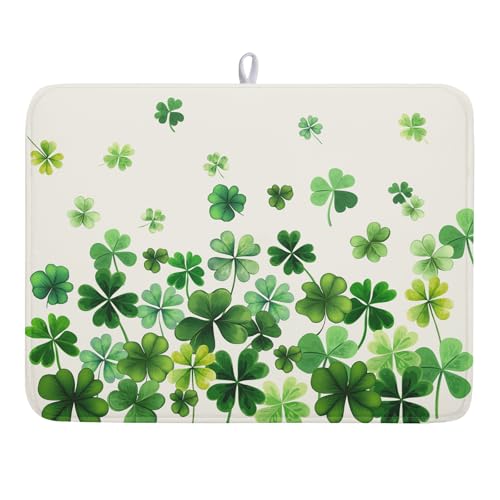 Happy St. Patrick's Day Dish Drying Mat for Kitchen Green Kitchen Dish Drying Mat for Dishes Spring Lucky Clover Shamrock Drying Mats 18x24 Inch Absorbent Reversible Dish Pad for Countertop Coffee Bar