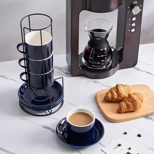 8 Ounce Porcelain Stackable Cappuccino Cups and Saucers Set of 4 (4 Count)