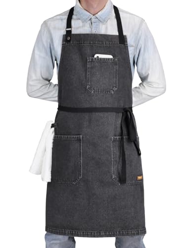 Black Denim Kitchen Cooking Apron with Pockets for Men Women