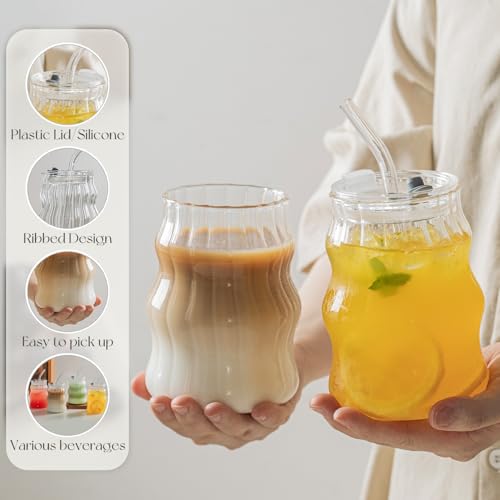 Ribbed Glass Cups with Lids and Straws