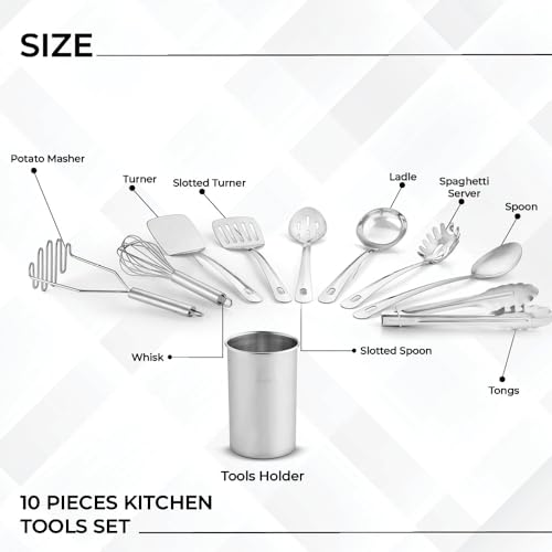 Premium Set of 10 Stainless Steel Kitchen Tool Set with Holder Easy To Clean (10 Count)