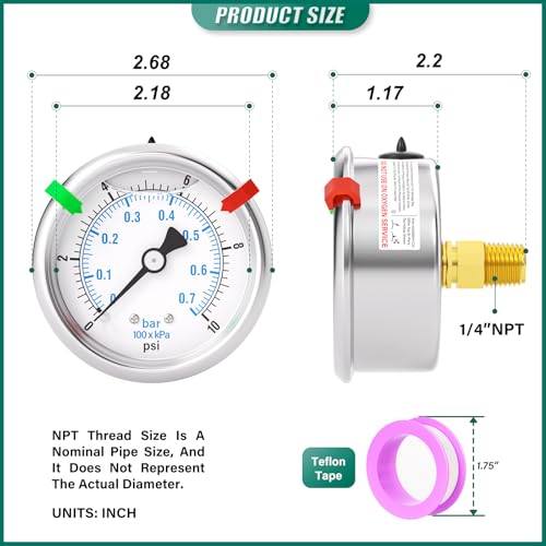 0 10PSI Stainless Steel Liquid Filled Pressure Gauge