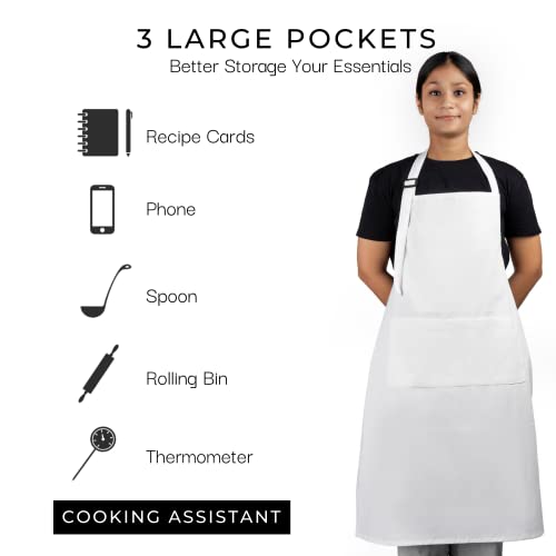 100% Cotton White Apron with 3 Pockets Chef Restaurant Kitchen BBQ Backing Cooking Painting and Crafting Aprons Pack of 5 (5 Count)