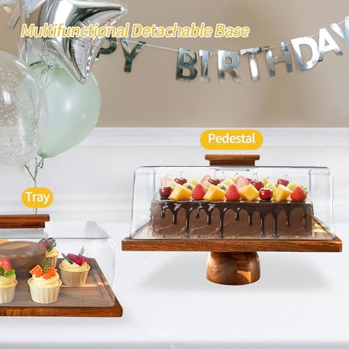 Acacia-Wood-Cake-Stand With Acrylic Lid, Rectangular Cake Plates Charcuterie Board With Cover, 2-in-1 Cake Holder With Dome，Dessert Table Display Stand For Cheese, Chips & Dips, Nachos, Fruit Platter