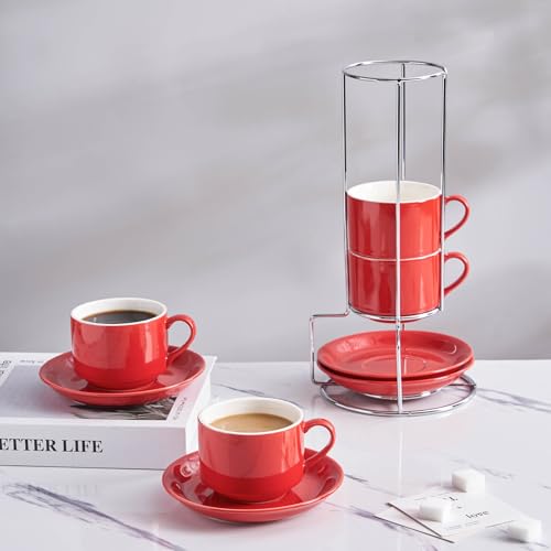 8 Ounce Stackable Cappuccino Cups with Saucers and Metal Stand (4 Count)