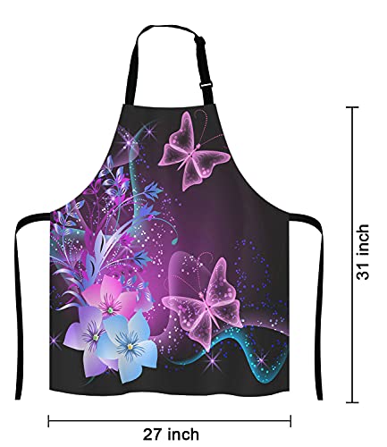 Purple Apron Pink Purple Butterfly and Flowers Adjustable Bib Apron Kitchen Cooking Baking Gardening Apron for Women Men