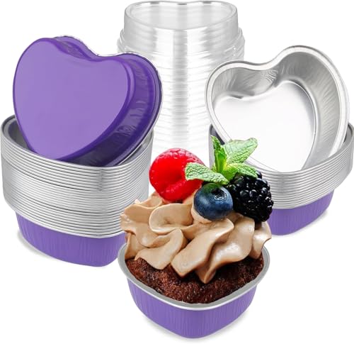 Mini Heart Shaped Cake Pans 3.5oz Aluminum Foil Heart Cake Pan with Lids (50 Count)