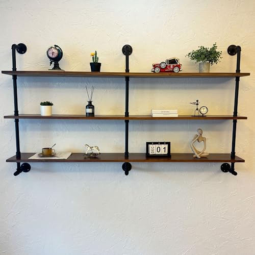 Industrial Pipe Wall Shelves Pipe Shelving with Real Wood Plank 70 Inches