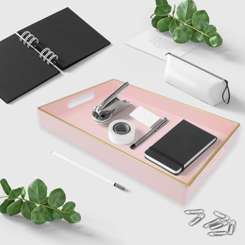 Pink Bathroom Vanity Tray with Handles for Dresser Tops
