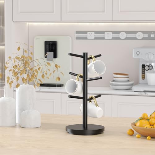 Coffee Mug Holder Tree Upgraded 360Rotated Cup Holder for Counter Black Wood Cup Tree Mug Rack Organizer Stand with 6 Hooks for Kitchen Coffee Bar Accessories