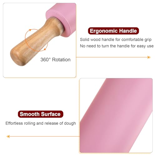 Silicone Rolling Pins for Baking 17 Inch Wooden Handle Non Stick Rolling Pin Small Roller Play Dough Rolling Pins for Dough Pizza Pastry Fondant Kitchen Baking