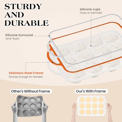 2 Pcs Silicone Muffin Pan with Metal Frame Nonstick 12 Cup Regular Size Cupcake Pan Silicone Muffin Tray for Baking Egg Bites Muffins Cupcakes Gifts for Mom Home Baker Kitchen