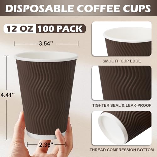 100 Pack 12 oz Disposable Paper Coffee Cups Insulated Brown (100 Count)