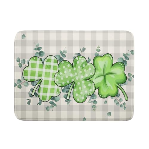 Patrick Dish Drying Mat for Kitchen Green Clovers Grey Buffalo Plaids Dish Drainer Mats 18x24inch Spring Leaf Dish Drying Rack Pad Protector for Countertop Dining Holiday Decor