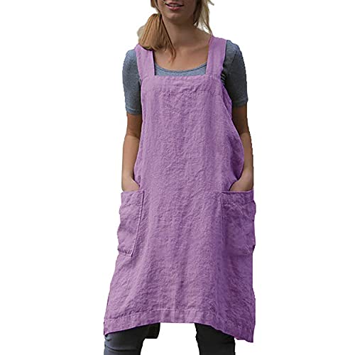 Cotton Linen Apron Cross Back Apron for Women with Pockets Pinafore Dress for Baking Cooking