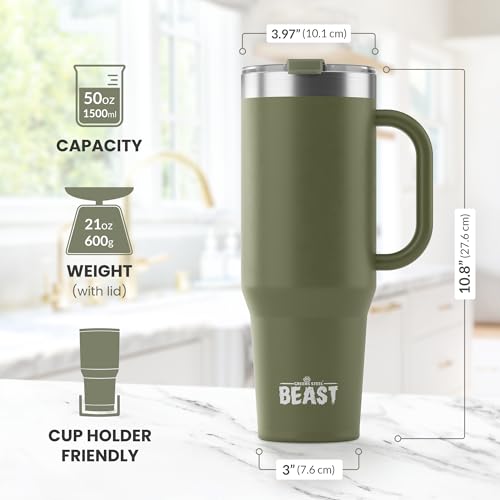 Beast 50 oz Tumbler with Handle Stainless Steel Vacuum Insulated Coffee Ice Cup Double Wall Travel Flask