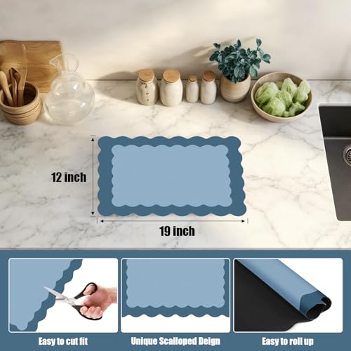 Blue Scalloped Coffee Mat for Countertop Coffee Bar Mat Matt