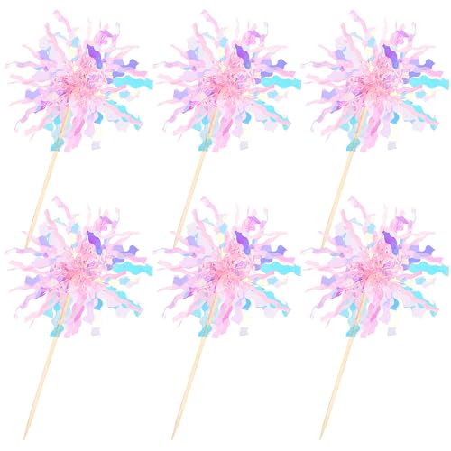 30 PCS Foil Firework Cupcake Toppers Sparkle Tinsel Cupcake Picks Happy Birthday Cake Toppers Drink Stirrers Cocktail Food Fruit Toothpicks for Baby Shower Wedding Party Decorations Supplies Pink (30 Count)