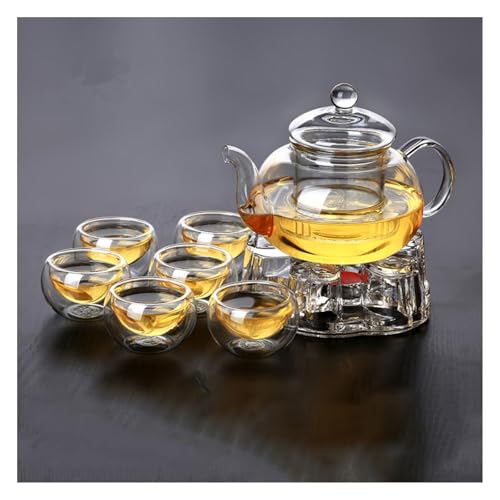 Glass Teapot with Infuser Clear Glass Tea Kettle with 6 Teacups and teapot warmer