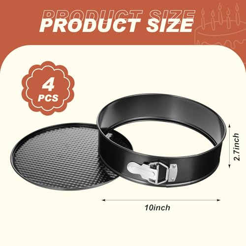 4 Pcs 10 Inch Non Stick Springform Pan with Removable Bottom Carbon Steel Round Springform Cheesecake Pan with Stainless Steel Spring Buckles for Baking Kitchens Restaurant (4 Count)