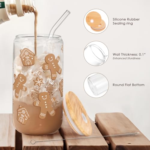 Gingerbread Christmas 16oz Can Glass Tumbler with Bamboo Lid & Straw