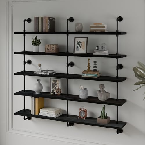 Floating Shelves for Wall Bookshelf Industrial Pipe Shelving Shelves 60 Inch 5 Tier Natural Wood Planks Rustic Wall Shelves Hanging Bookshelves Farmhouse Kitchen Shelving